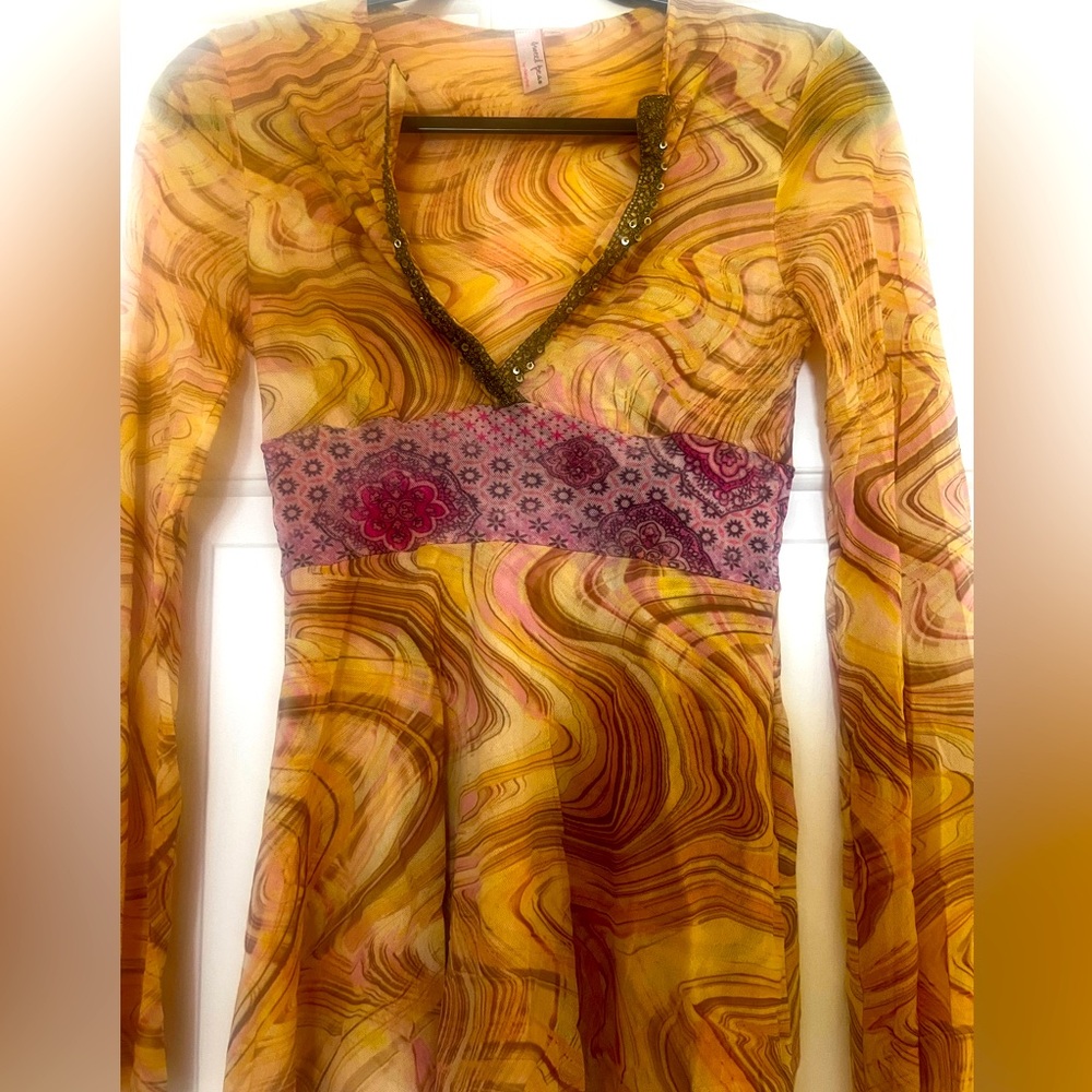 Sweet Pea top with flared sleeves, gold detailed beading, unique.